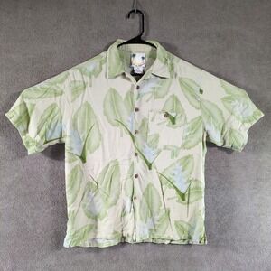 Banana Cabana Mens Large Silk Tropical Leaf Print Hawaiian Aloha Shirt Green